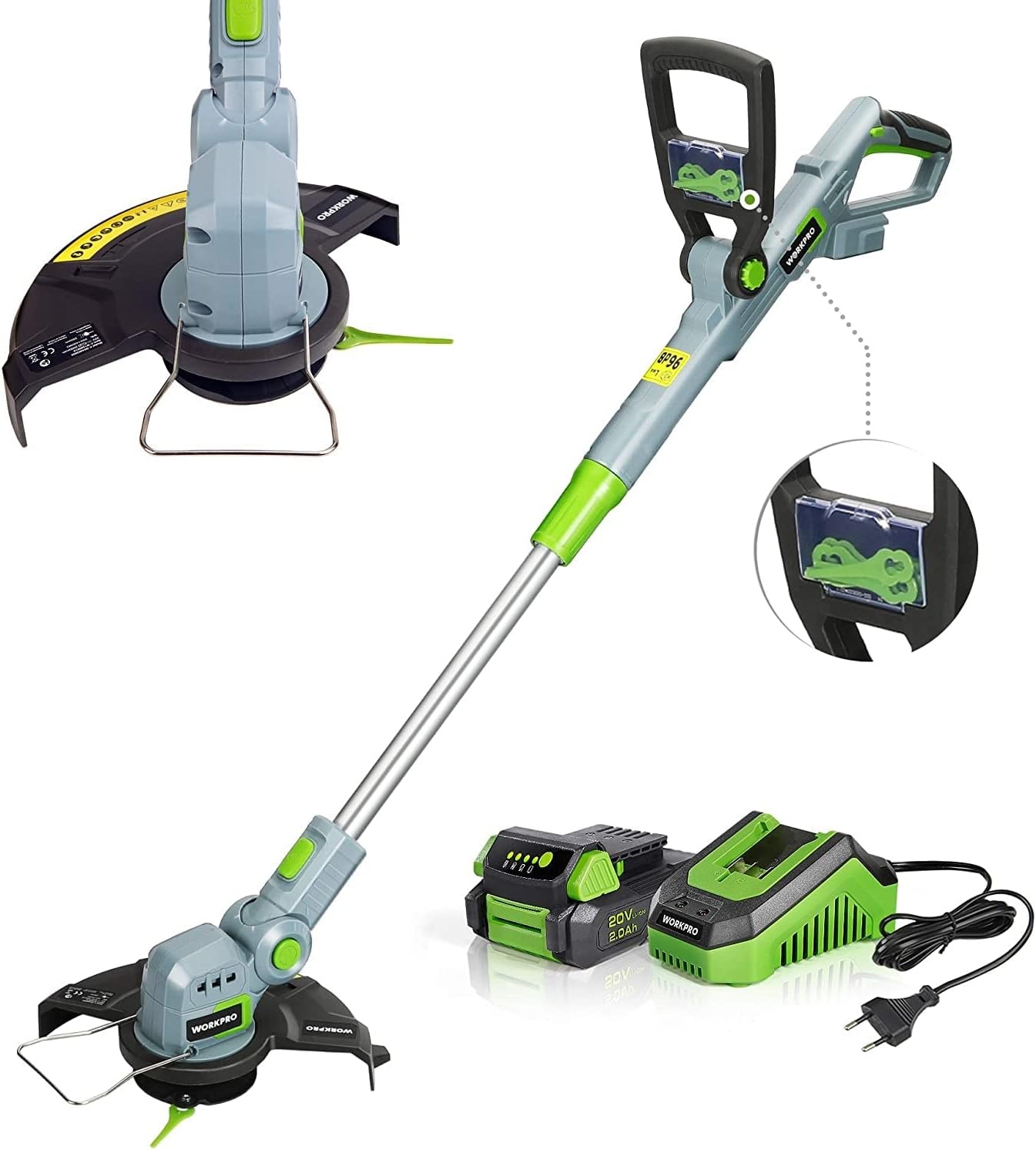 WORKPRO Accu-grastrimmer 20 V met 2,0 Ah accu en snellader, draadloze grasmaaier, 25 cm maaibreedte, 90° draaibare trimmerkop, telescoopsteel, 20-delig incl. nylon mes voor tuin