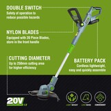 WORKPRO Accu-grastrimmer 20 V met 2,0 Ah accu en snellader, draadloze grasmaaier, 25 cm maaibreedte, 90° draaibare trimmerkop, telescoopsteel, 20-delig incl. nylon mes voor tuin