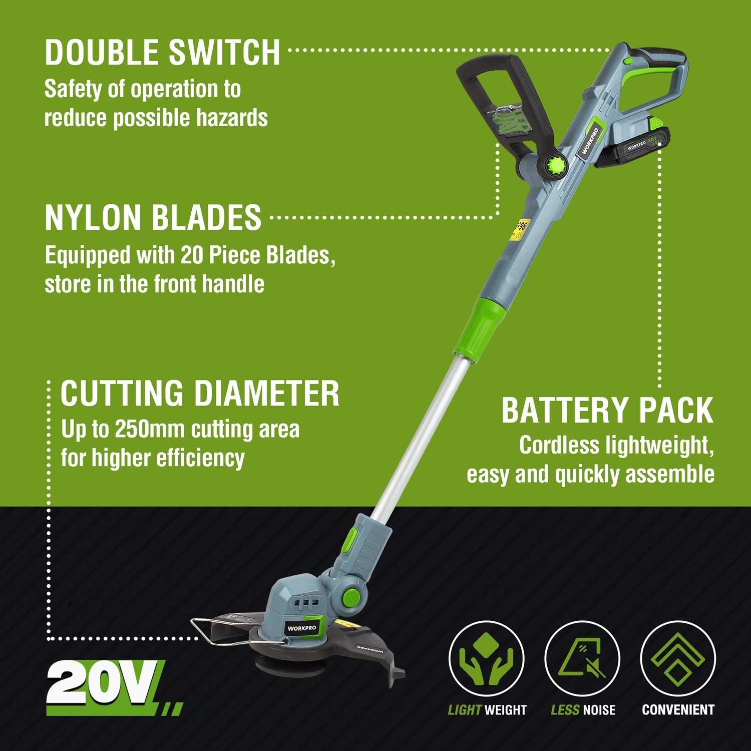 WORKPRO Accu-grastrimmer 20 V met 2,0 Ah accu en snellader, draadloze grasmaaier, 25 cm maaibreedte, 90° draaibare trimmerkop, telescoopsteel, 20-delig incl. nylon mes voor tuin