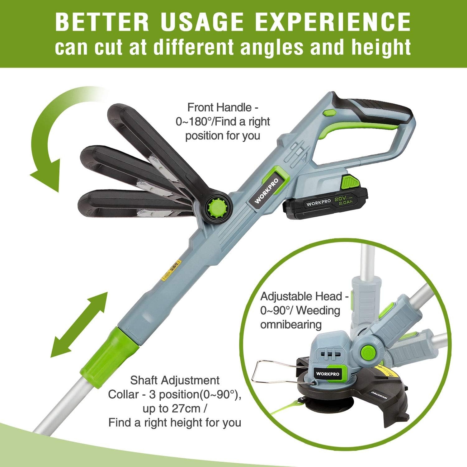 WORKPRO Accu-grastrimmer 20 V met 2,0 Ah accu en snellader, draadloze grasmaaier, 25 cm maaibreedte, 90° draaibare trimmerkop, telescoopsteel, 20-delig incl. nylon mes voor tuin