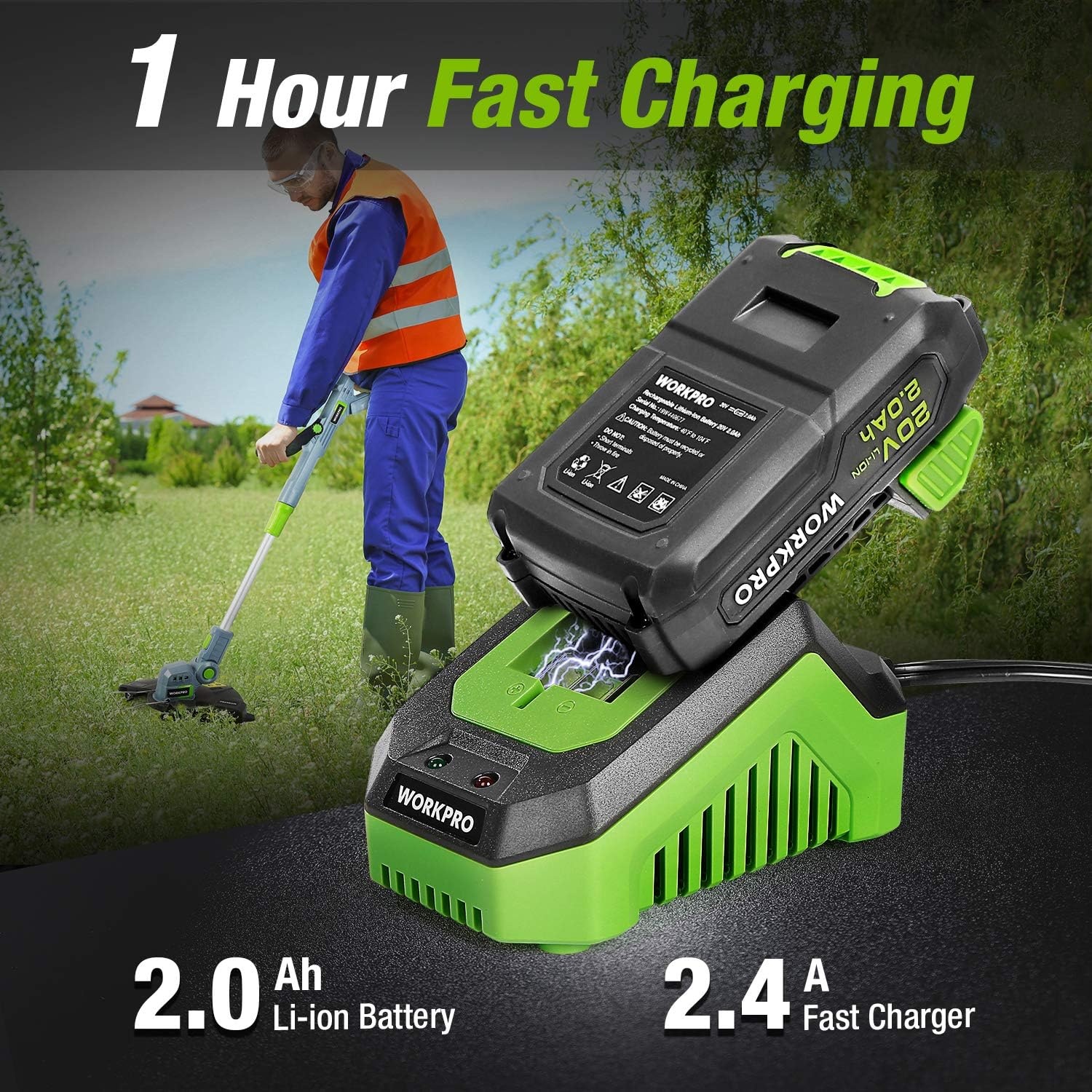 WORKPRO Accu-grastrimmer 20 V met 2,0 Ah accu en snellader, draadloze grasmaaier, 25 cm maaibreedte, 90° draaibare trimmerkop, telescoopsteel, 20-delig incl. nylon mes voor tuin