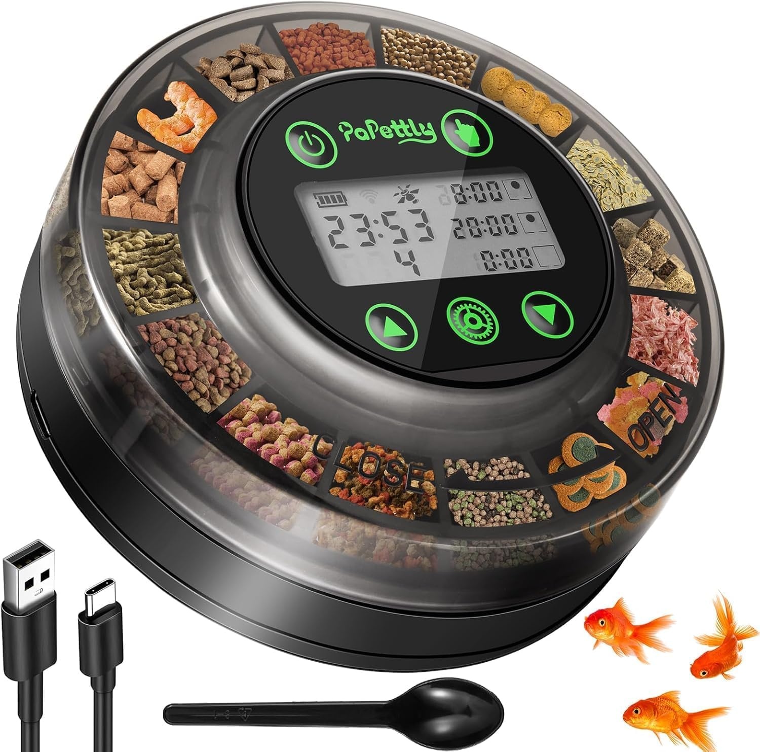 Papettly Voederautomaat, aquarium, automatische visvoerautomaat voor aquarium met timer, voederautomaat, oplaadbare visvoerdispenser met USB-kabel, lcd-display, visvoerautomaat