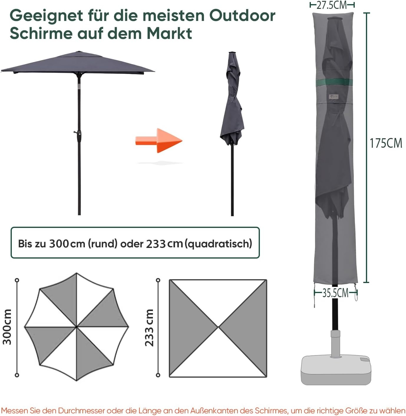 Sekey Beschermhoes voor parasol, met stang, afdekhoes voor Ø 300 cm parasol, met ventilatieopeningen, tuin, markt, balkon, 100% polyester, waterdicht, donkergrijs