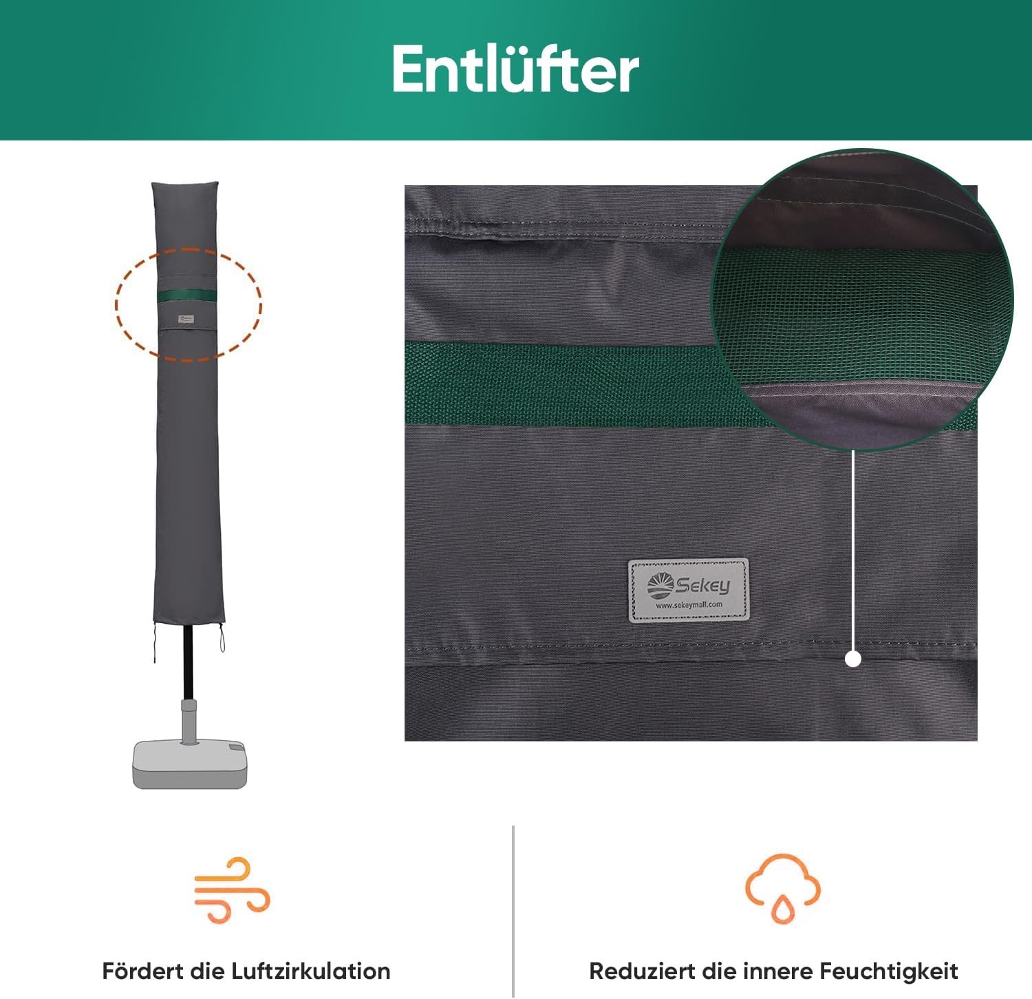 Sekey Beschermhoes voor parasol, met stang, afdekhoes voor Ø 300 cm parasol, met ventilatieopeningen, tuin, markt, balkon, 100% polyester, waterdicht, donkergrijs