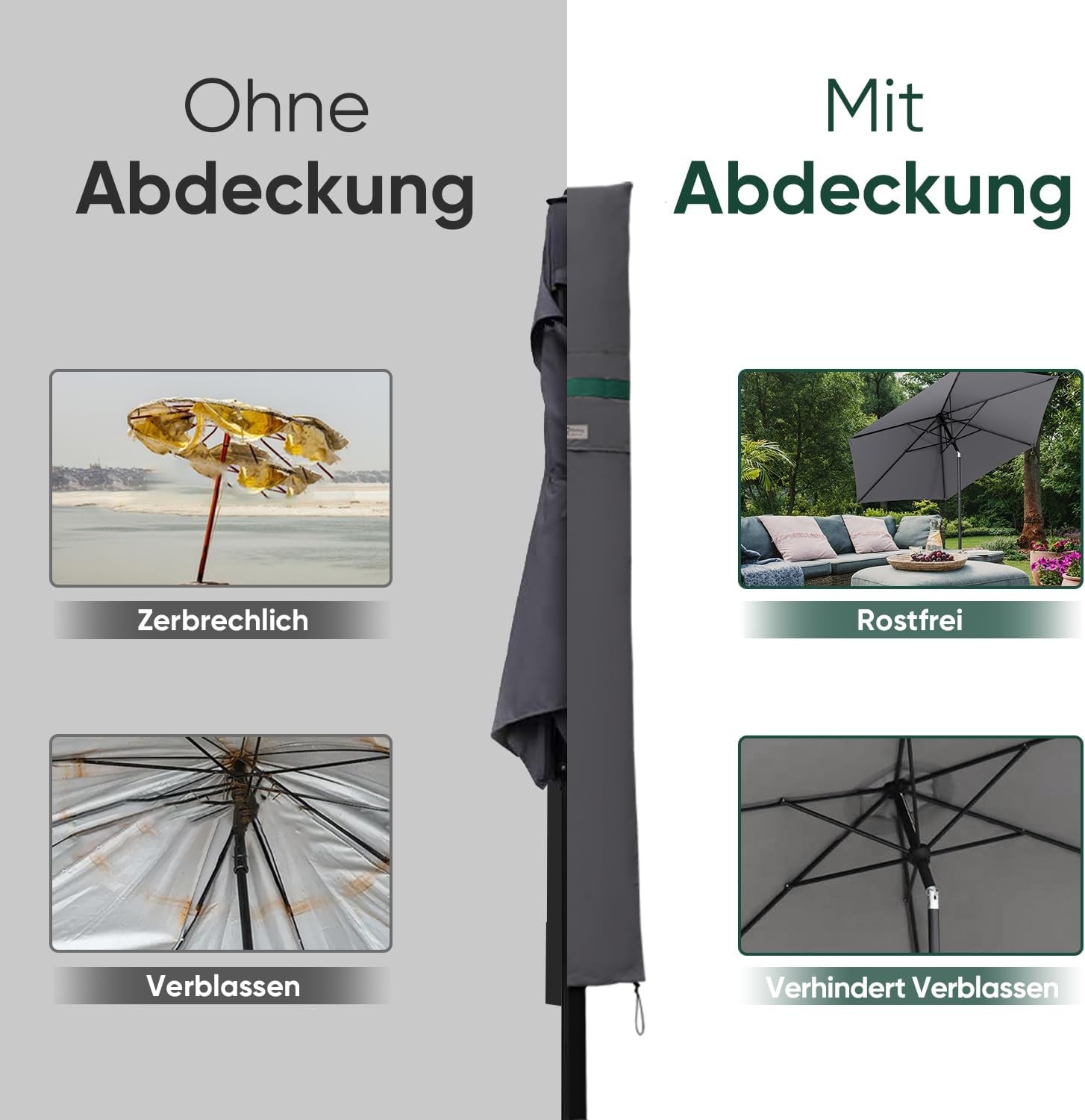 Sekey Beschermhoes voor parasol, met stang, afdekhoes voor Ø 300 cm parasol, met ventilatieopeningen, tuin, markt, balkon, 100% polyester, waterdicht, donkergrijs
