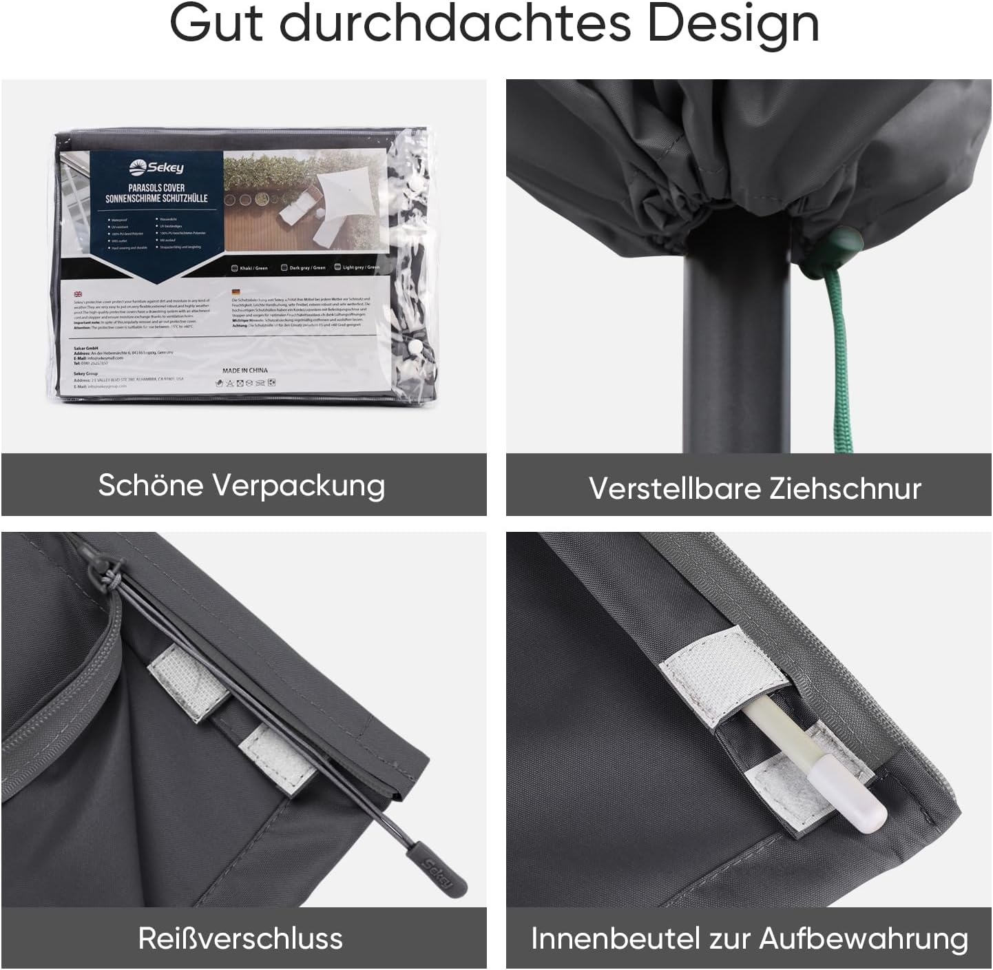 Sekey Beschermhoes voor parasol, met stang, afdekhoes voor Ø 300 cm parasol, met ventilatieopeningen, tuin, markt, balkon, 100% polyester, waterdicht, donkergrijs