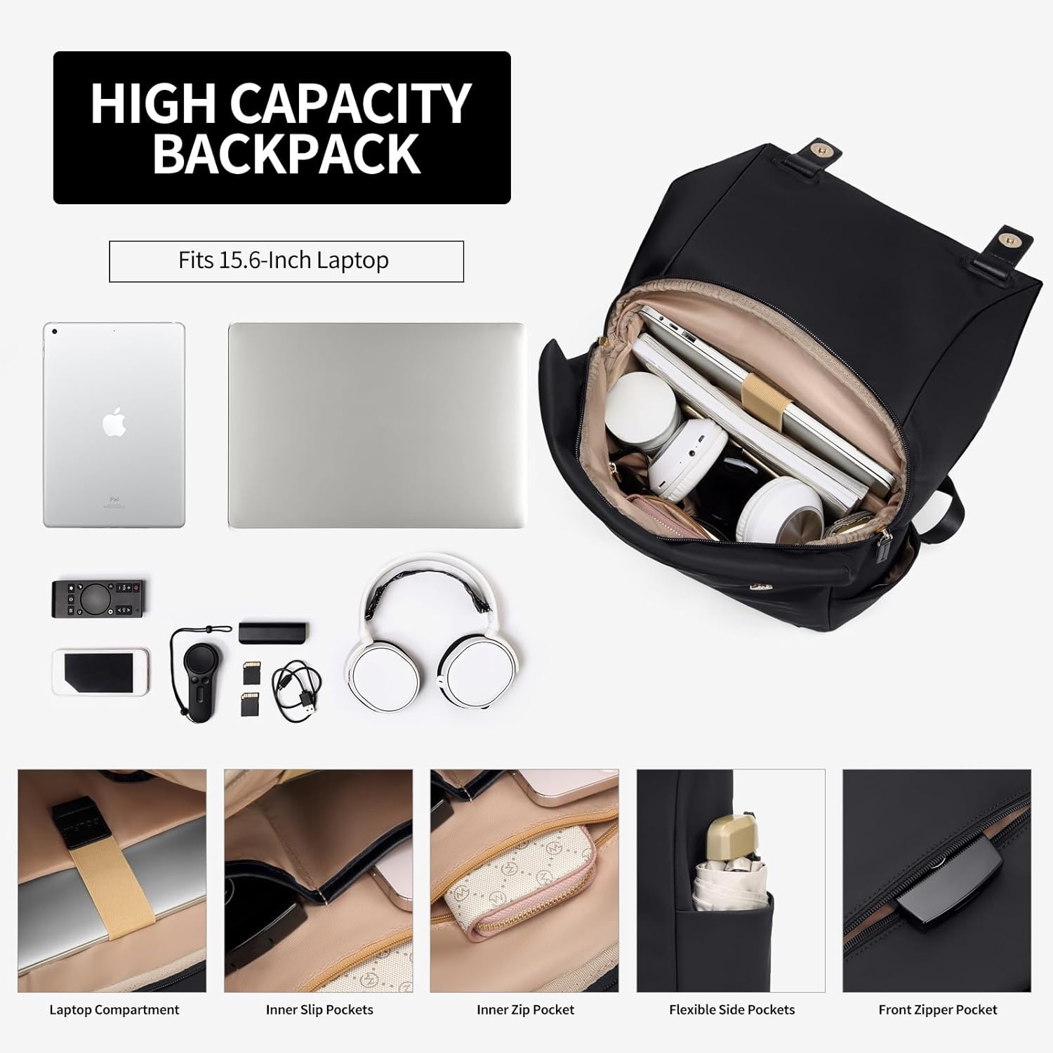 Rugzak dames vrije tijd rugzak school rugzak computer 15,6 inch nylon waterdicht dagrugzakken volwassenen casual rugzak reizen tas werk universiteit college pack zwart