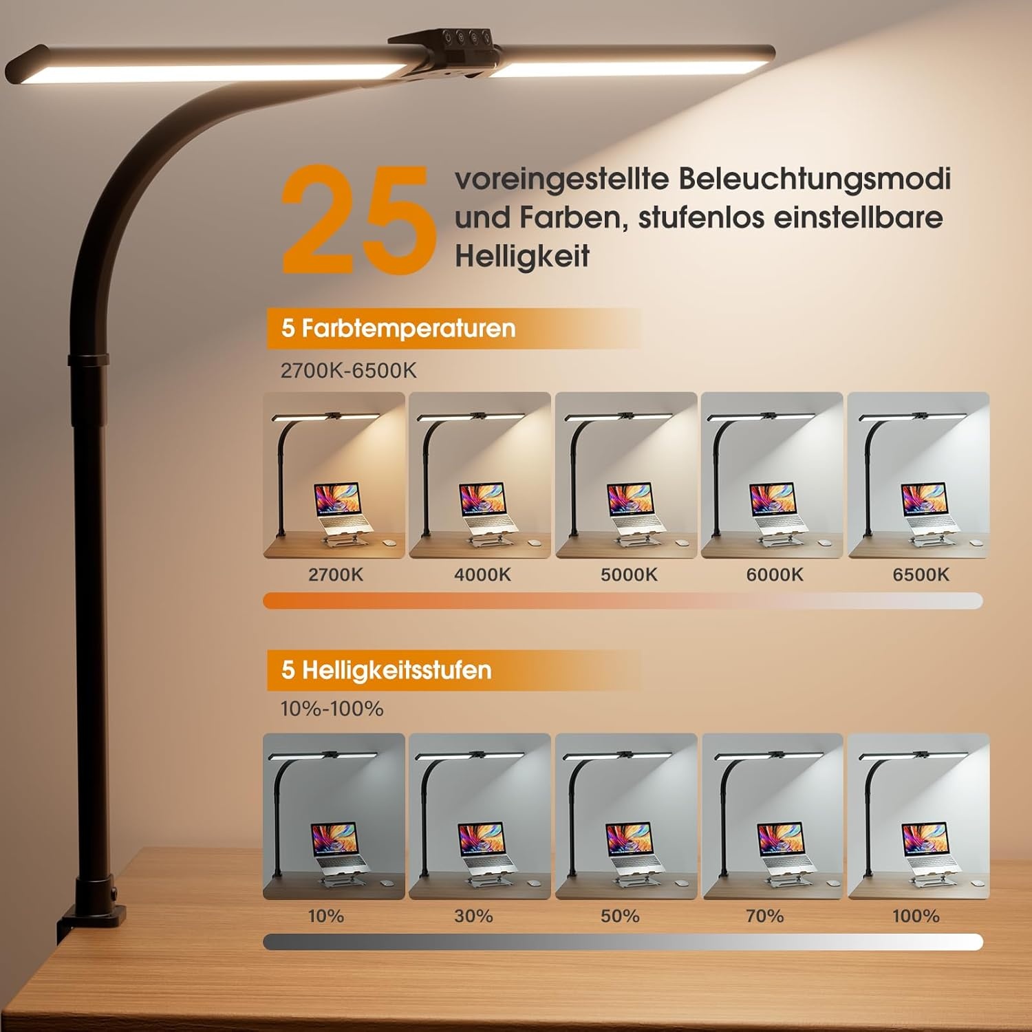 SIBRILLE Bureaulamp, led, dubbele kop, bureaulamp, dimbaar, klembaar, bureaulamp voor kantoor, oogbescherming, monitorlamp, daglichtlamp, pc-lamp, tafellamp met zwanenhals, zwart