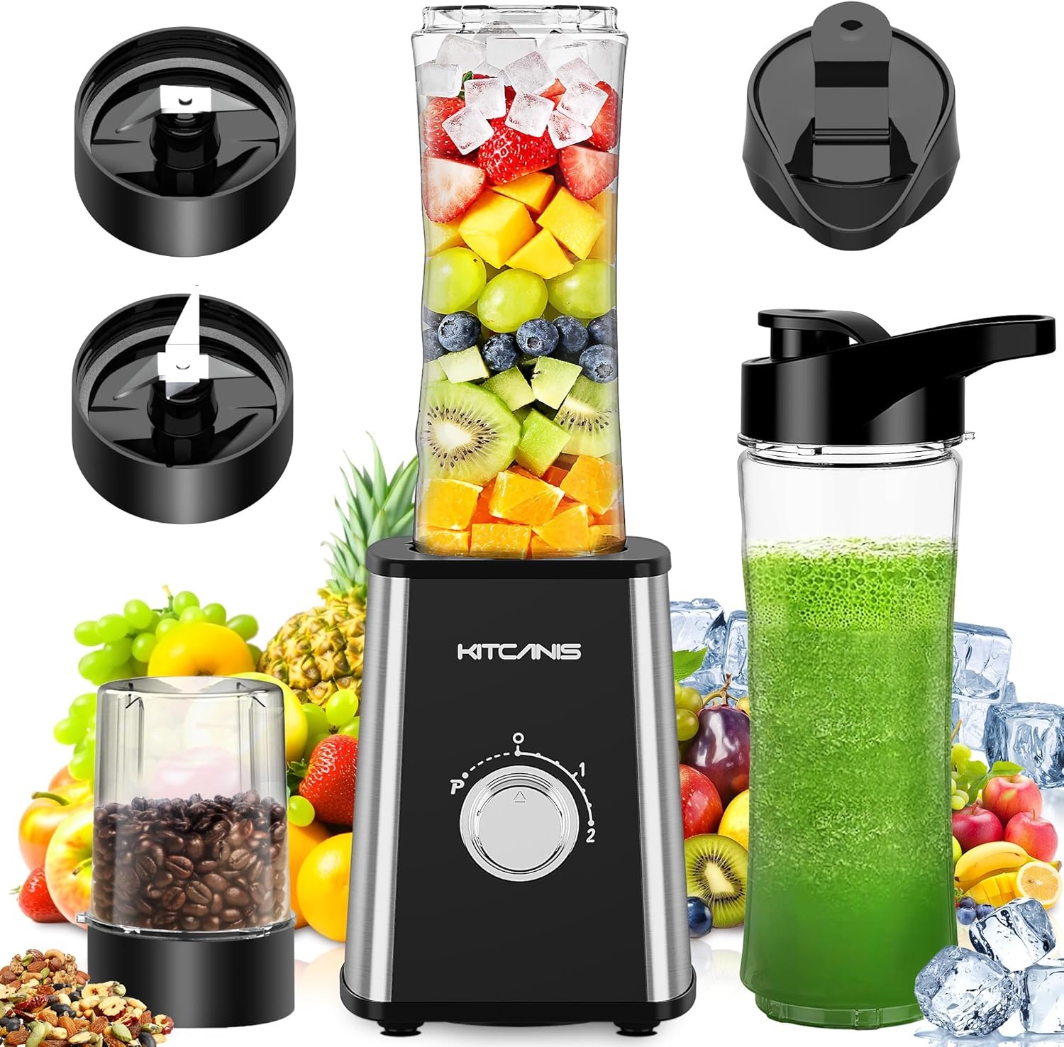 KITCANIS Smoothie Blender 800W met 3 Snelheden, 600ML en 300ML Bekers, BPA-Vrij