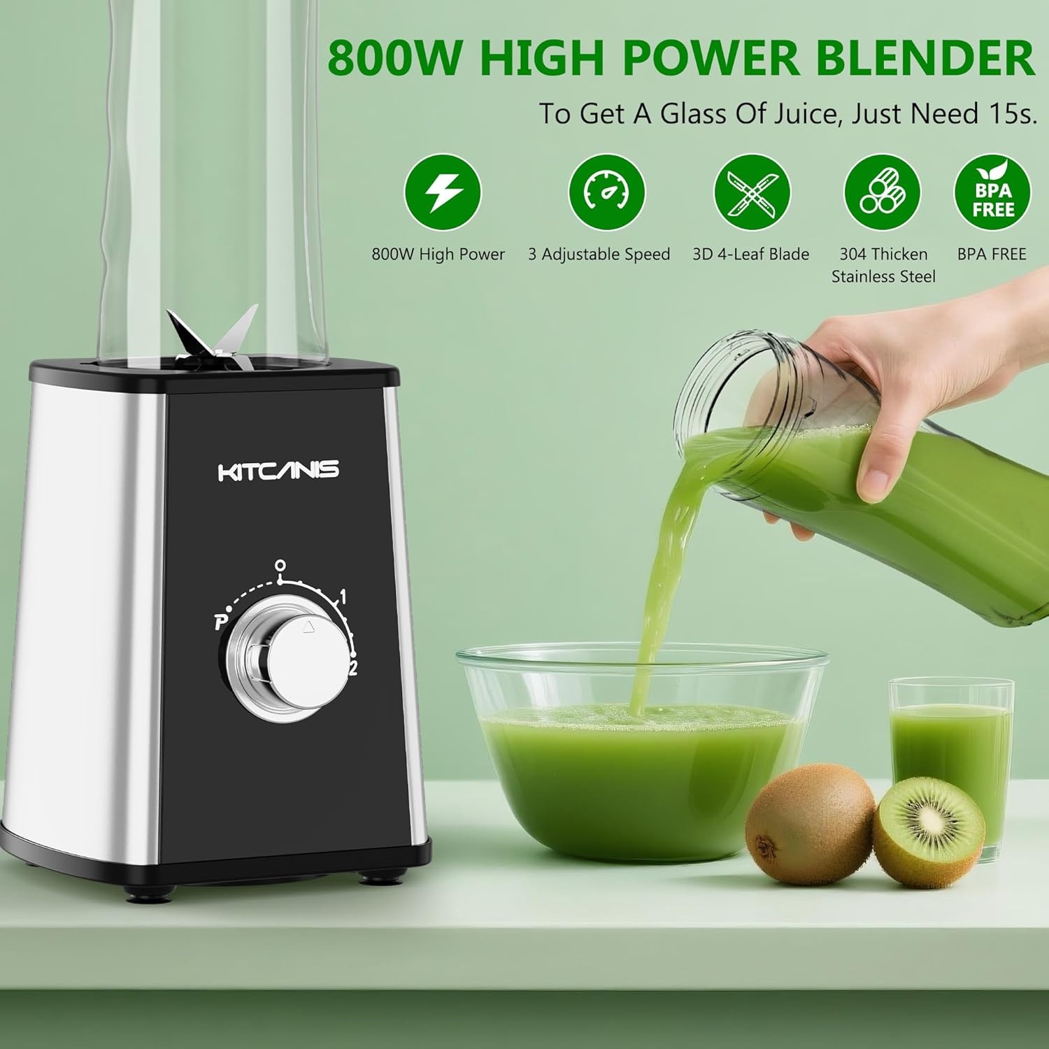 KITCANIS Smoothie Blender 800W met 3 Snelheden, 600ML en 300ML Bekers, BPA-Vrij
