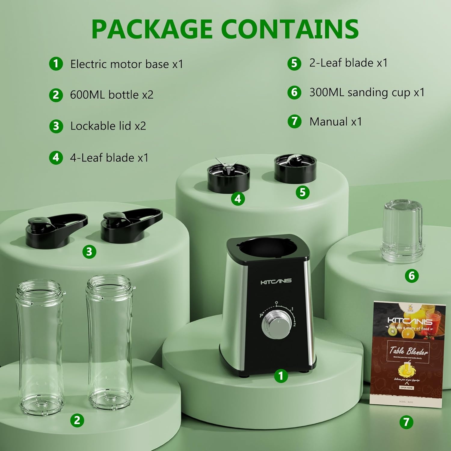 KITCANIS Smoothie Blender 800W met 3 Snelheden, 600ML en 300ML Bekers, BPA-Vrij