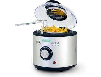 Mini Friteuse met olie | 850-950W l Capaciteit: 1 liter kijkvenster olie frituurmand van roestvrij staal l instelbare temperatuur l warmte-geïsoleerd l antislip rubber pad l wit