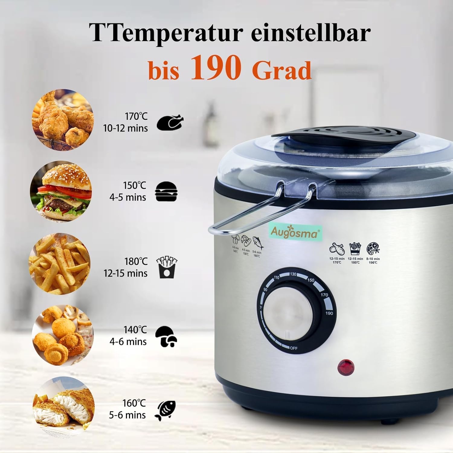 Mini Friteuse met olie | 850-950W l Capaciteit: 1 liter kijkvenster olie frituurmand van roestvrij staal l instelbare temperatuur l warmte-geïsoleerd l antislip rubber pad l wit