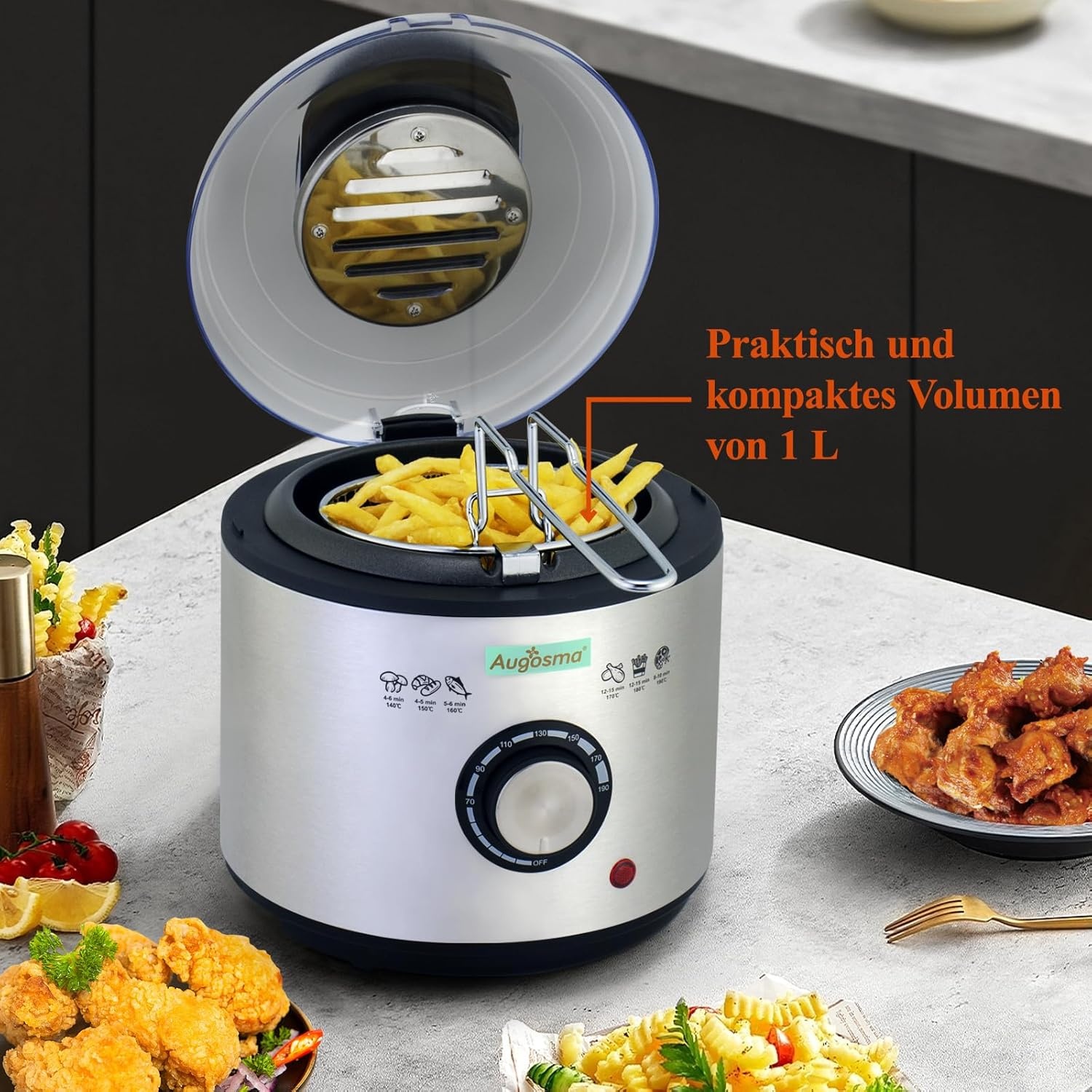 Mini Friteuse met olie | 850-950W l Capaciteit: 1 liter kijkvenster olie frituurmand van roestvrij staal l instelbare temperatuur l warmte-geïsoleerd l antislip rubber pad l wit