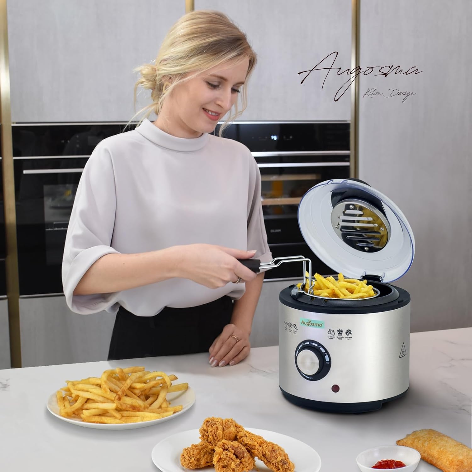 Mini Friteuse met olie | 850-950W l Capaciteit: 1 liter kijkvenster olie frituurmand van roestvrij staal l instelbare temperatuur l warmte-geïsoleerd l antislip rubber pad l wit