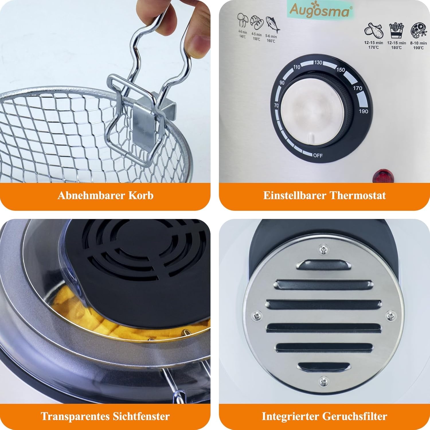 Mini Friteuse met olie | 850-950W l Capaciteit: 1 liter kijkvenster olie frituurmand van roestvrij staal l instelbare temperatuur l warmte-geïsoleerd l antislip rubber pad l wit