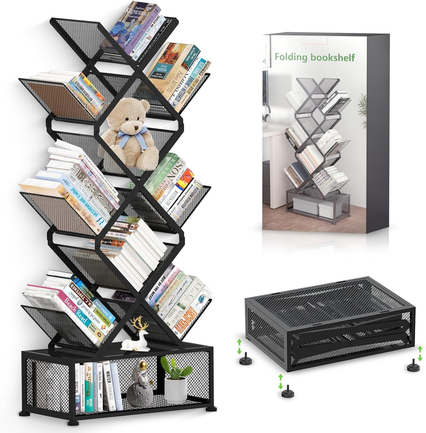 Gintan 9-laags Opvouwbare Boekenkast met Opbergruimte - Zwart