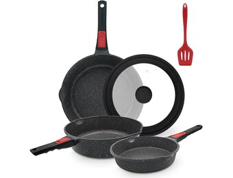 AIKENBBKK Pannenset, 5-delig, pan 20/24/28 cm met afneembare handgreep, anti-aanbaklaag, braadpannenset met deksel, geschikt voor alle warmtebronnen, ovenvast (zwart)