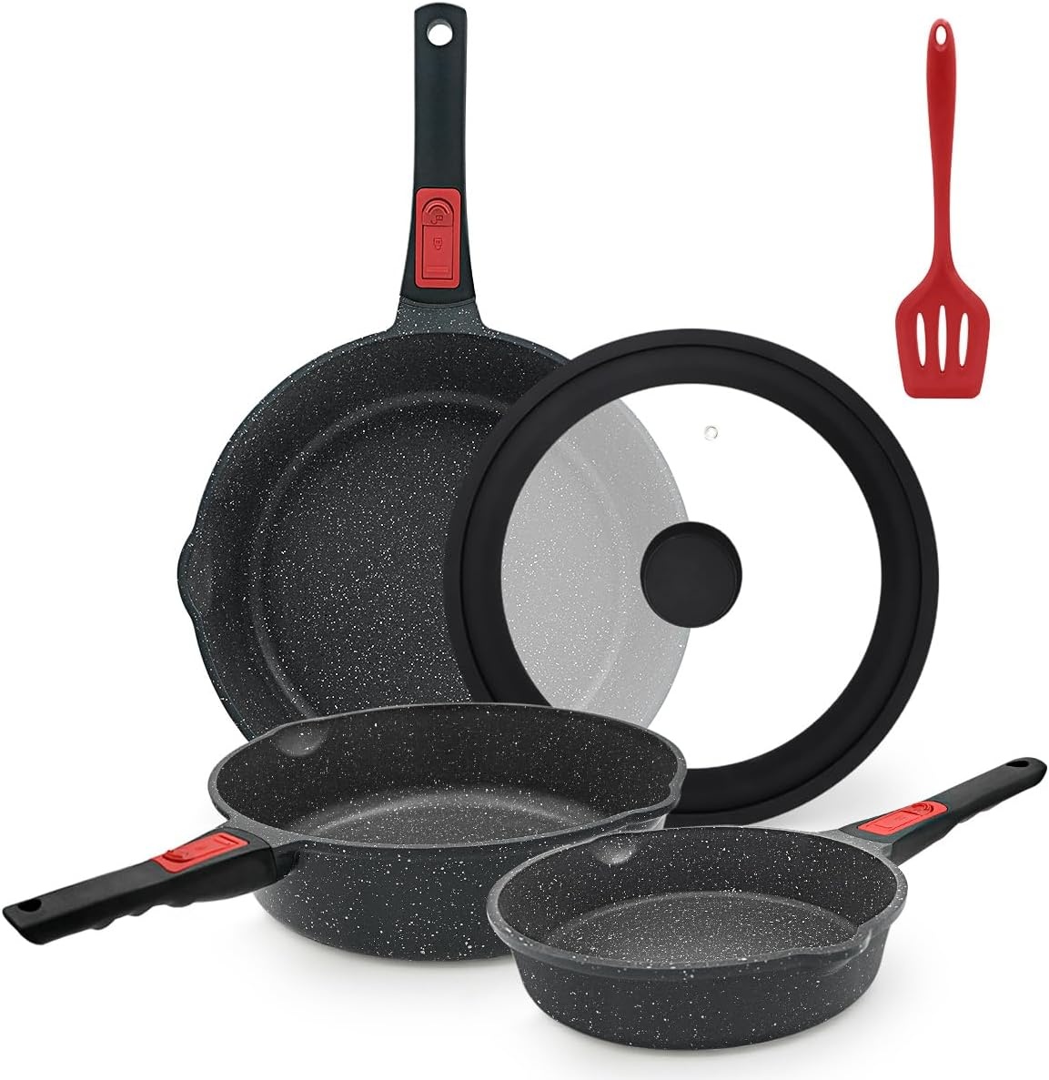 AIKENBBKK Pannenset, 5-delig, pan 20/24/28 cm met afneembare handgreep, anti-aanbaklaag, braadpannenset met deksel, geschikt voor alle warmtebronnen, ovenvast (zwart)