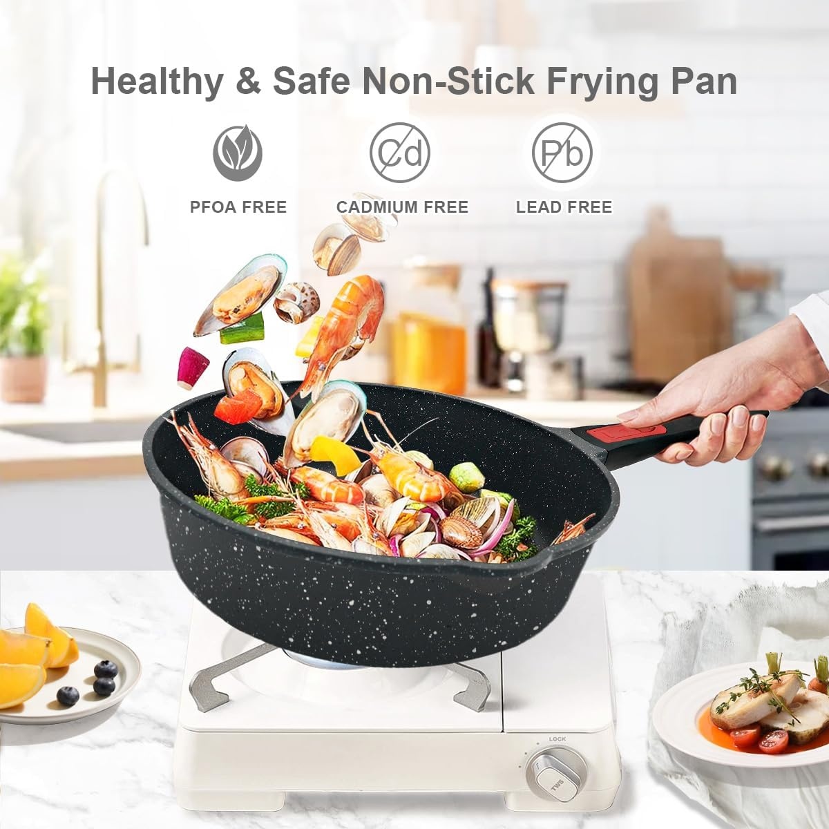 AIKENBBKK Pannenset, 5-delig, pan 20/24/28 cm met afneembare handgreep, anti-aanbaklaag, braadpannenset met deksel, geschikt voor alle warmtebronnen, ovenvast (zwart)