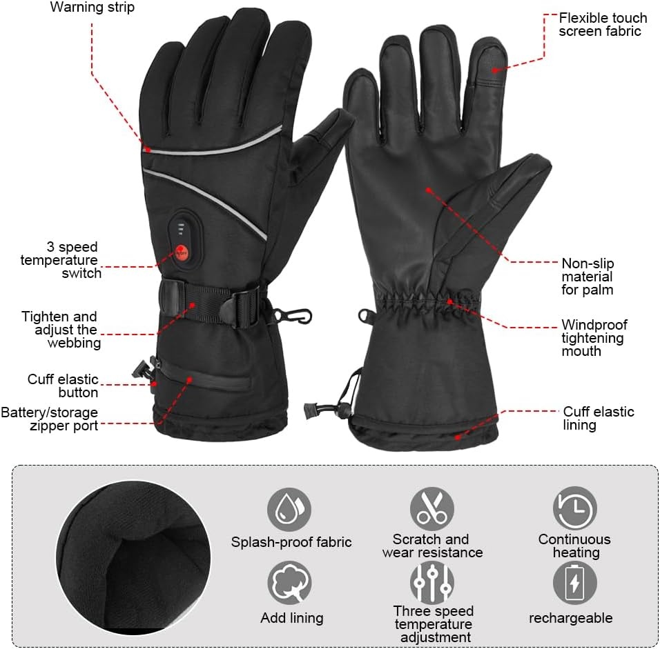 Verwarmde handschoenen voor mannen en vrouwen, winter-motorhandschoenen, 7,4 V, 3000 mAh, oplaadbare verwarmde handschoenen, 3 temperatuurniveaus, waterdichte warme handschoenen, verwarmde elektrische