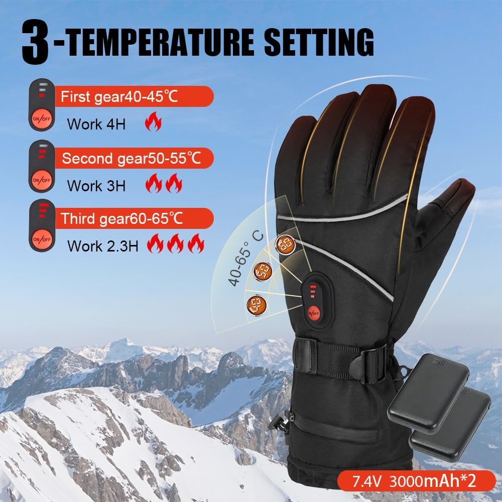 Verwarmde handschoenen voor mannen en vrouwen, winter-motorhandschoenen, 7,4 V, 3000 mAh, oplaadbare verwarmde handschoenen, 3 temperatuurniveaus, waterdichte warme handschoenen, verwarmde elektrische