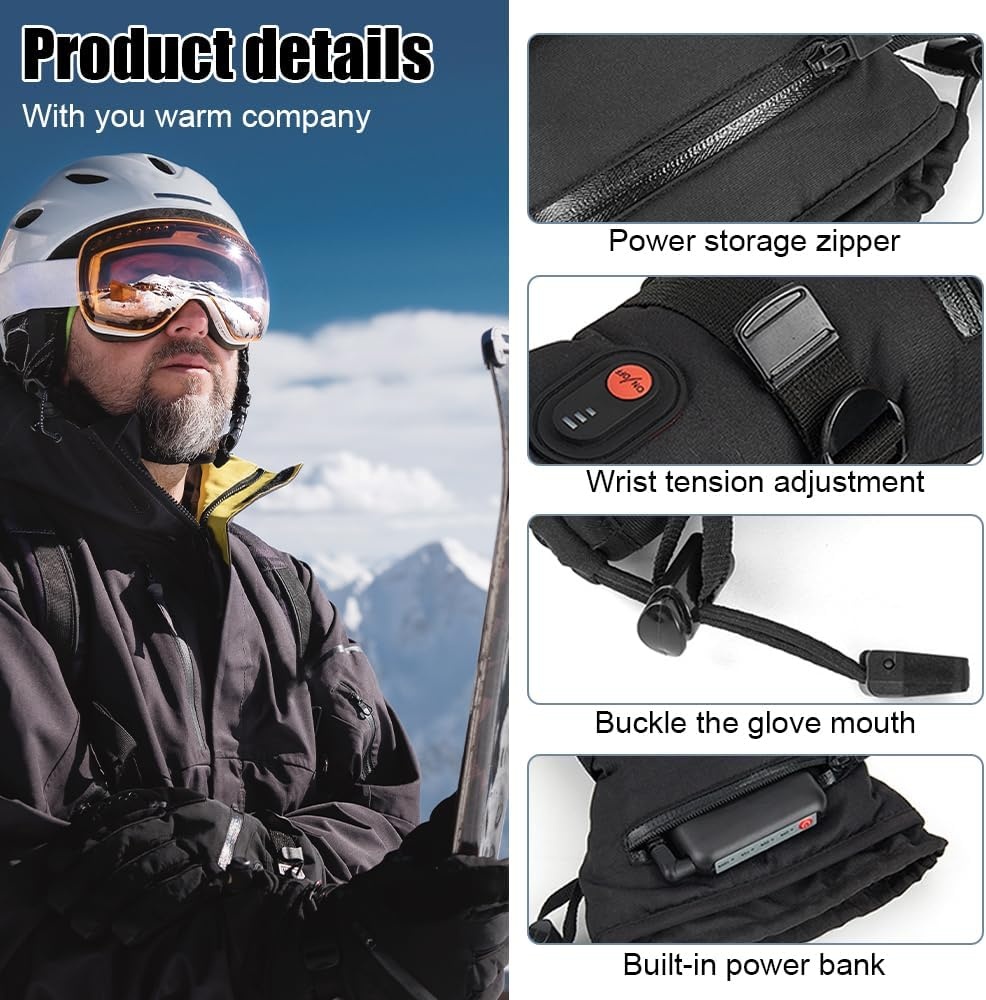 Verwarmde handschoenen voor mannen en vrouwen, winter-motorhandschoenen, 7,4 V, 3000 mAh, oplaadbare verwarmde handschoenen, 3 temperatuurniveaus, waterdichte warme handschoenen, verwarmde elektrische