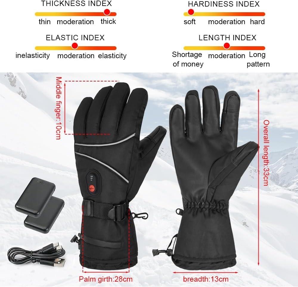 Verwarmde handschoenen voor mannen en vrouwen, winter-motorhandschoenen, 7,4 V, 3000 mAh, oplaadbare verwarmde handschoenen, 3 temperatuurniveaus, waterdichte warme handschoenen, verwarmde elektrische