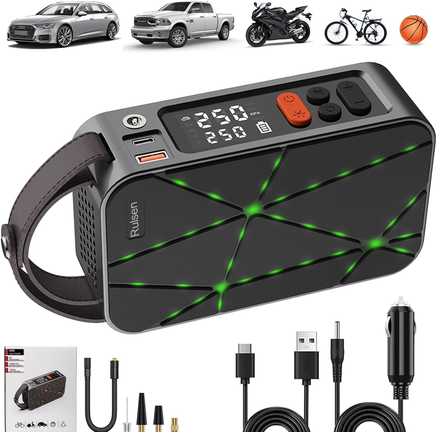 Elektrische luchtpomp, 150 psi draagbare fietspomp, accu met digitaal led-display, mini-compressor, auto-accessoires voor auto, fiets, motorfiets, ballen enz.