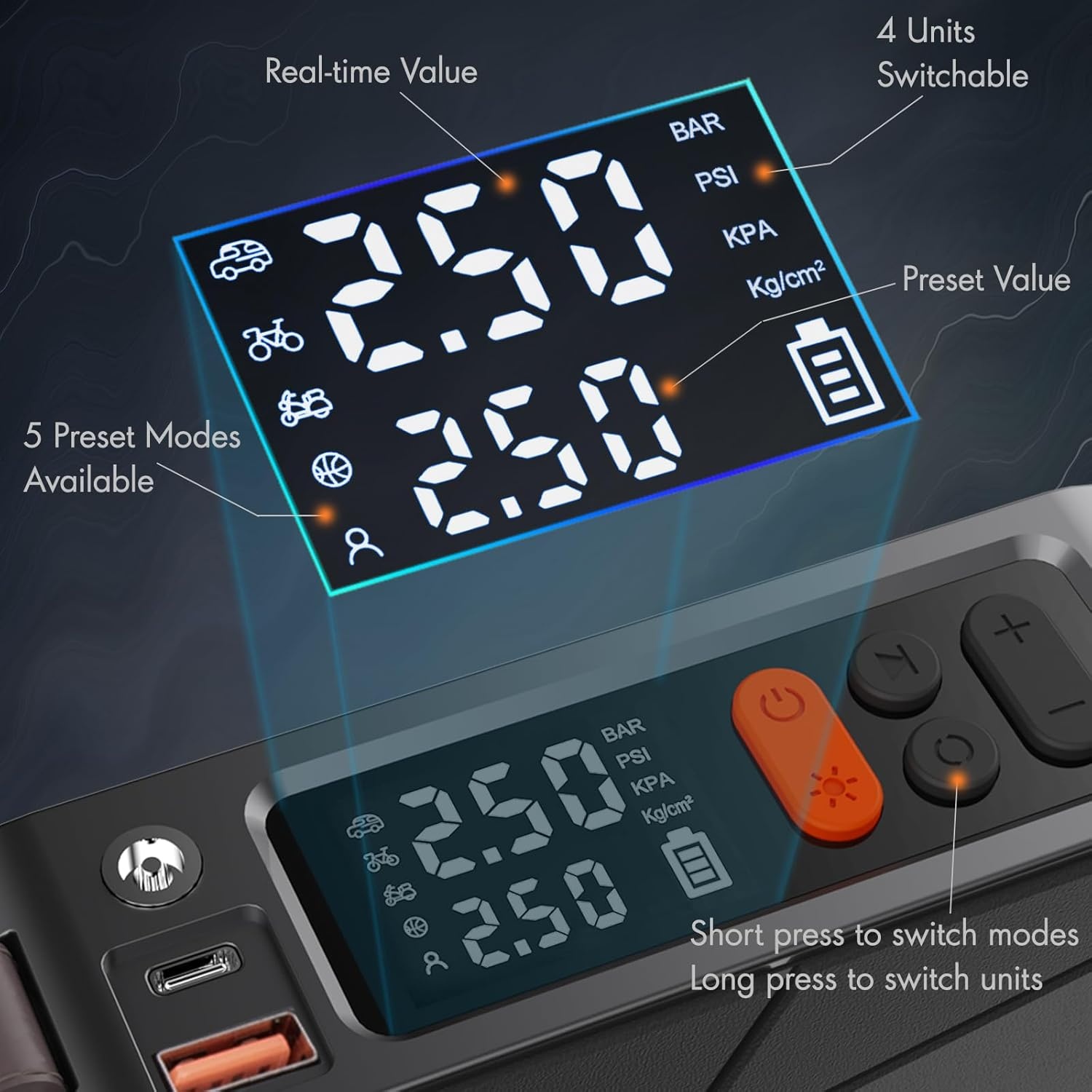 Elektrische luchtpomp, 150 psi draagbare fietspomp, accu met digitaal led-display, mini-compressor, auto-accessoires voor auto, fiets, motorfiets, ballen enz.