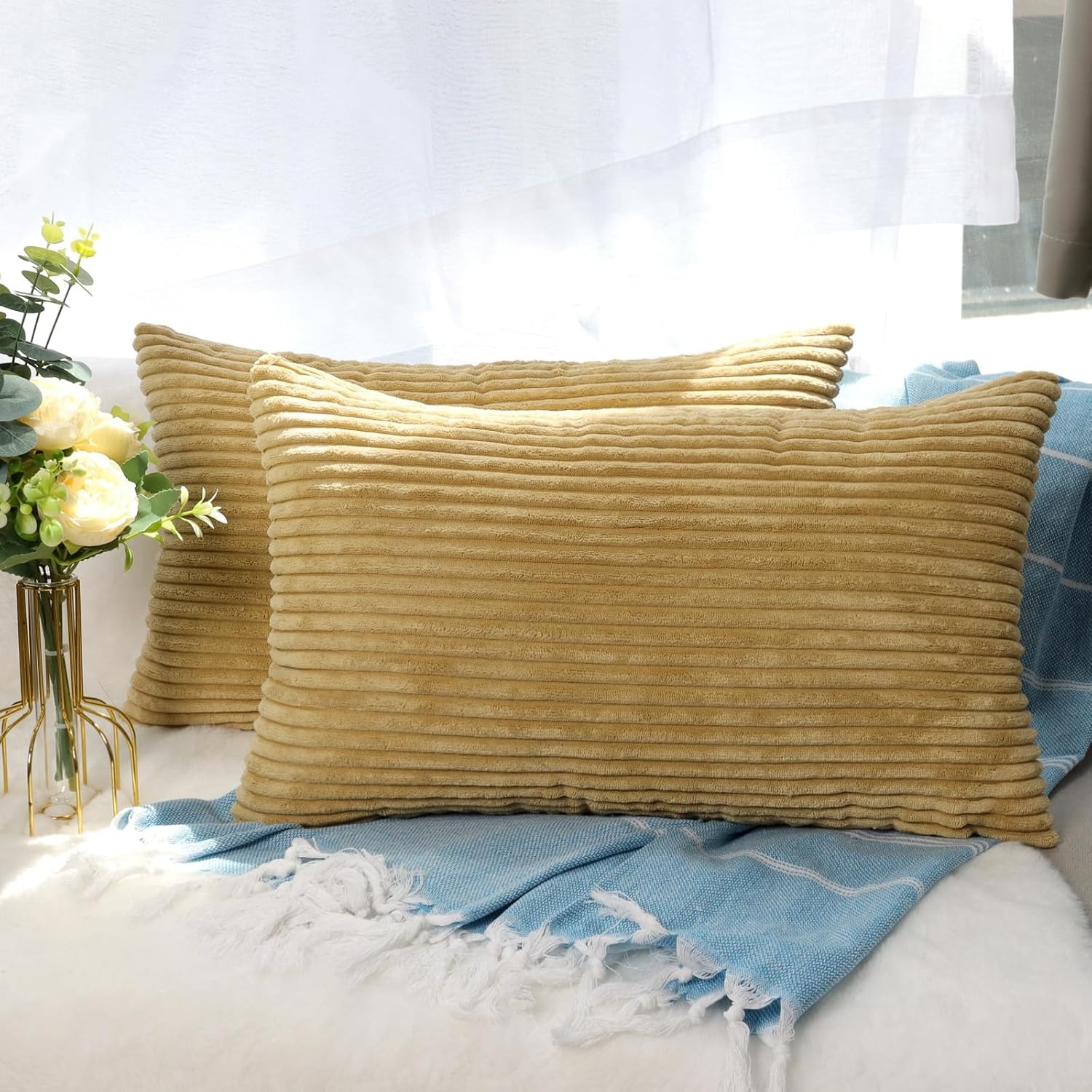 CALIYO Kussenhoes 40x80 cm, Crème Corduroy Kussenslopen met Onzichtbare Rits voor Bank, Woonkamer en Slaapkamer 2 Stuks