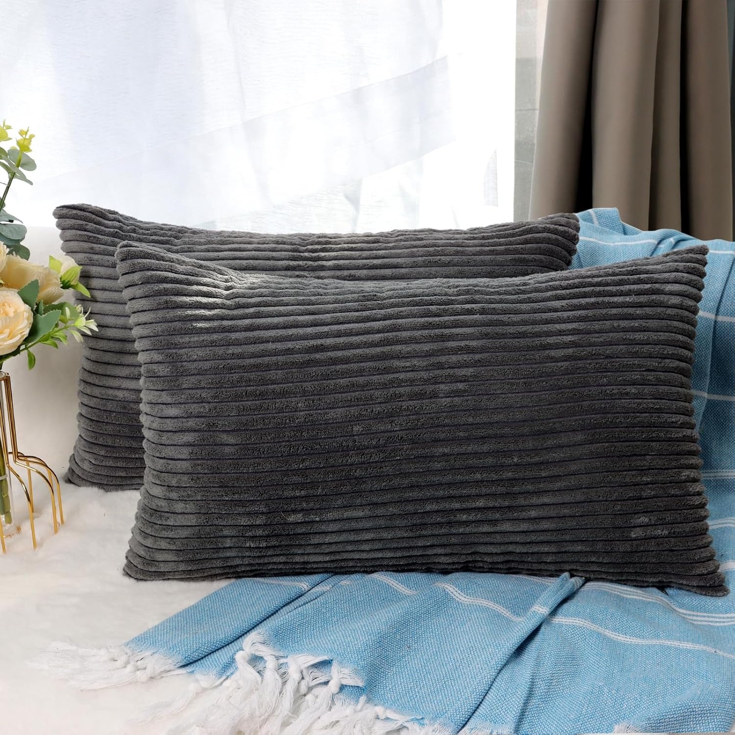CALIYO Kussenhoes 40x80 cm, Crème Corduroy Kussenslopen met Onzichtbare Rits voor Bank, Woonkamer en Slaapkamer 2 Stuks