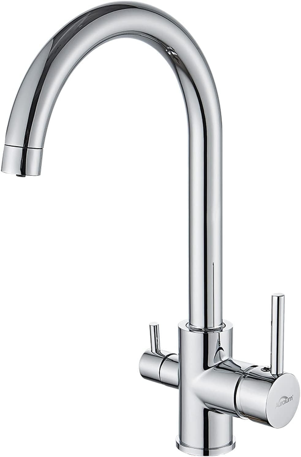 Auralum 3-Weg Keukenkraan voor Gootsteen Kraan in Messing met 2 Knoppen voor Luchtreiniger, Warm en Koud Water (Chroom)