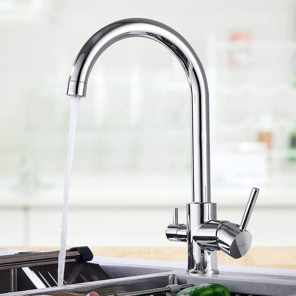 Auralum 3-Weg Keukenkraan voor Gootsteen Kraan in Messing met 2 Knoppen voor Luchtreiniger, Warm en Koud Water (Chroom)
