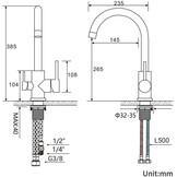 Auralum 3-Weg Keukenkraan voor Gootsteen Kraan in Messing met 2 Knoppen voor Luchtreiniger, Warm en Koud Water (Chroom)