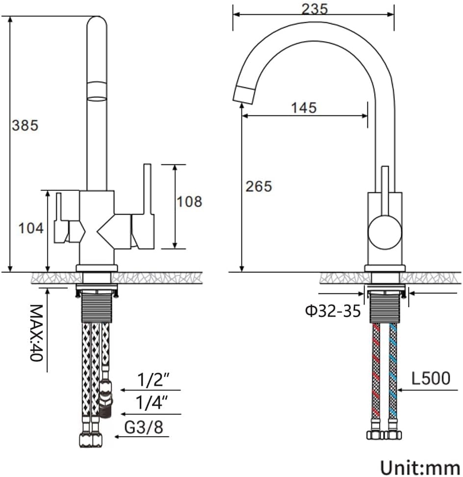 Auralum 3-Weg Keukenkraan voor Gootsteen Kraan in Messing met 2 Knoppen voor Luchtreiniger, Warm en Koud Water (Chroom)