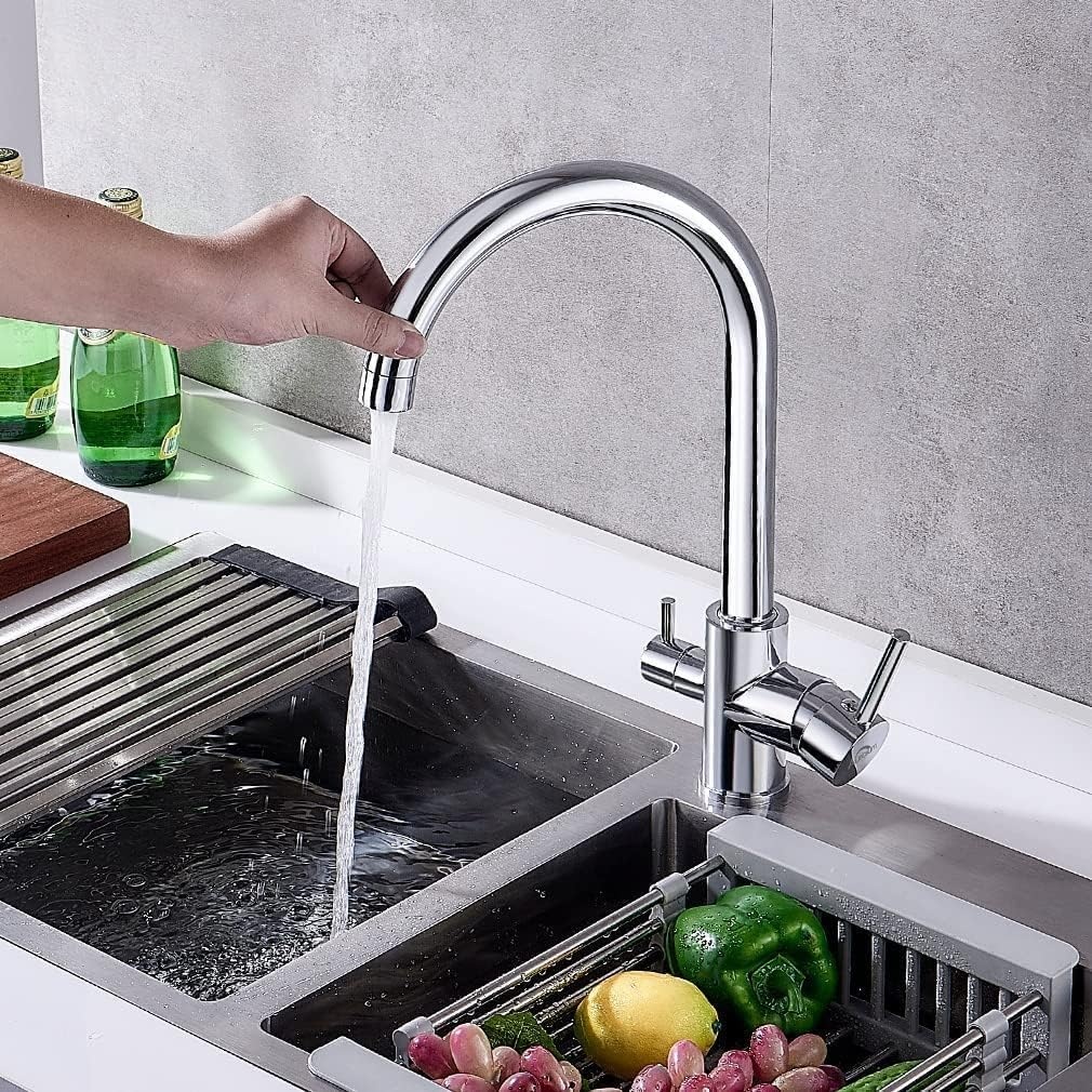 Auralum 3-Weg Keukenkraan voor Gootsteen Kraan in Messing met 2 Knoppen voor Luchtreiniger, Warm en Koud Water (Chroom)