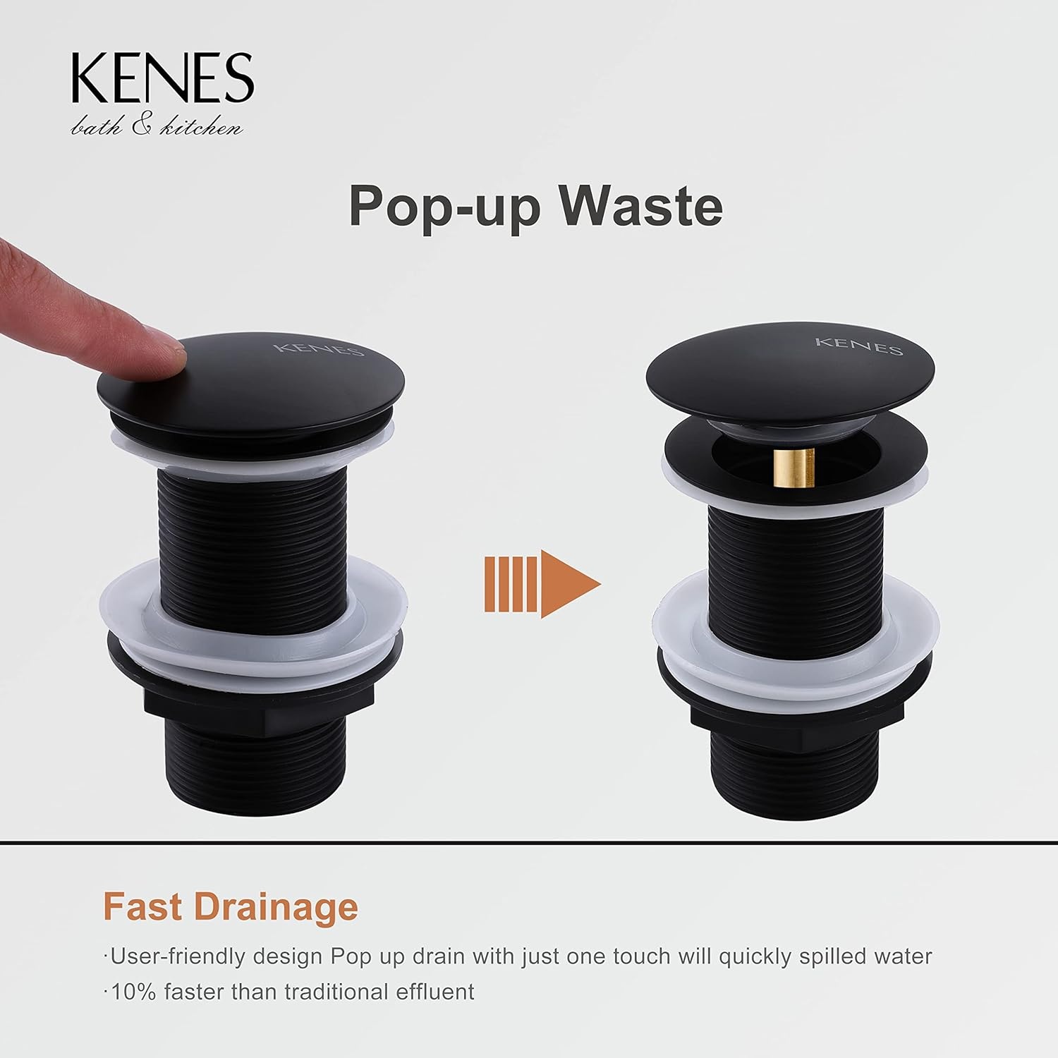 KENES Zwart Mat Universele Afvoergarnituur Zonder Overloop voor Wastafel, Moderne Pop-up Click-Clack Wastafelstop