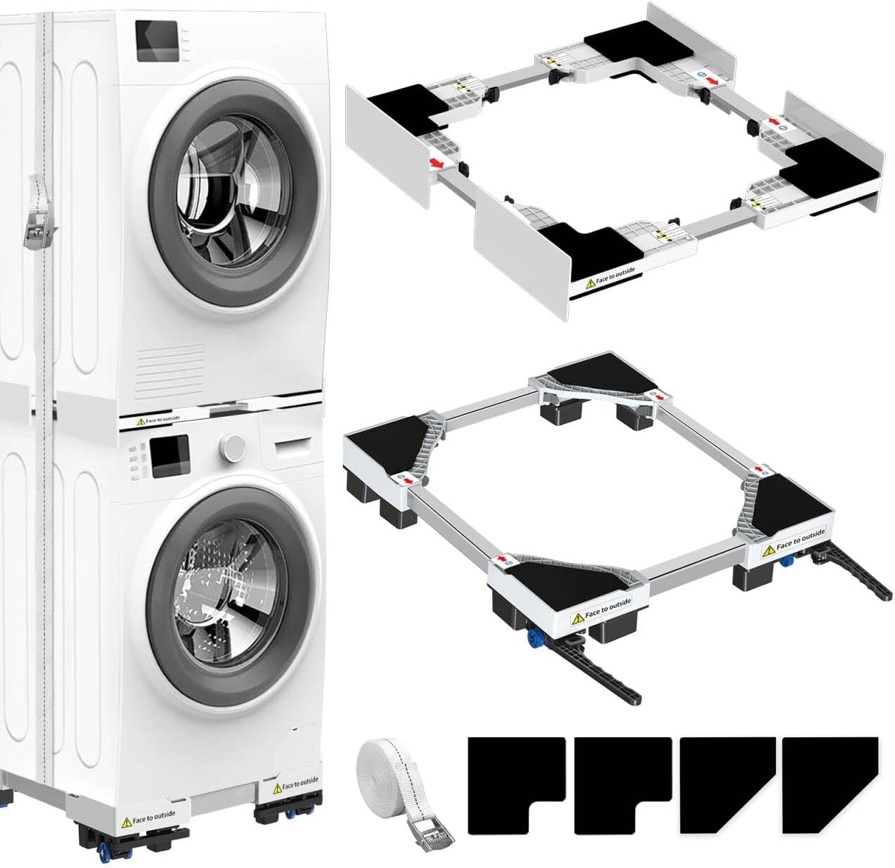 NIUXX Universeel aansluitframe voor wasdroger en wasmachine, transportwielen, verstelbare remmen en ratelkabel (dunne stapelset en mobiele sokkel)