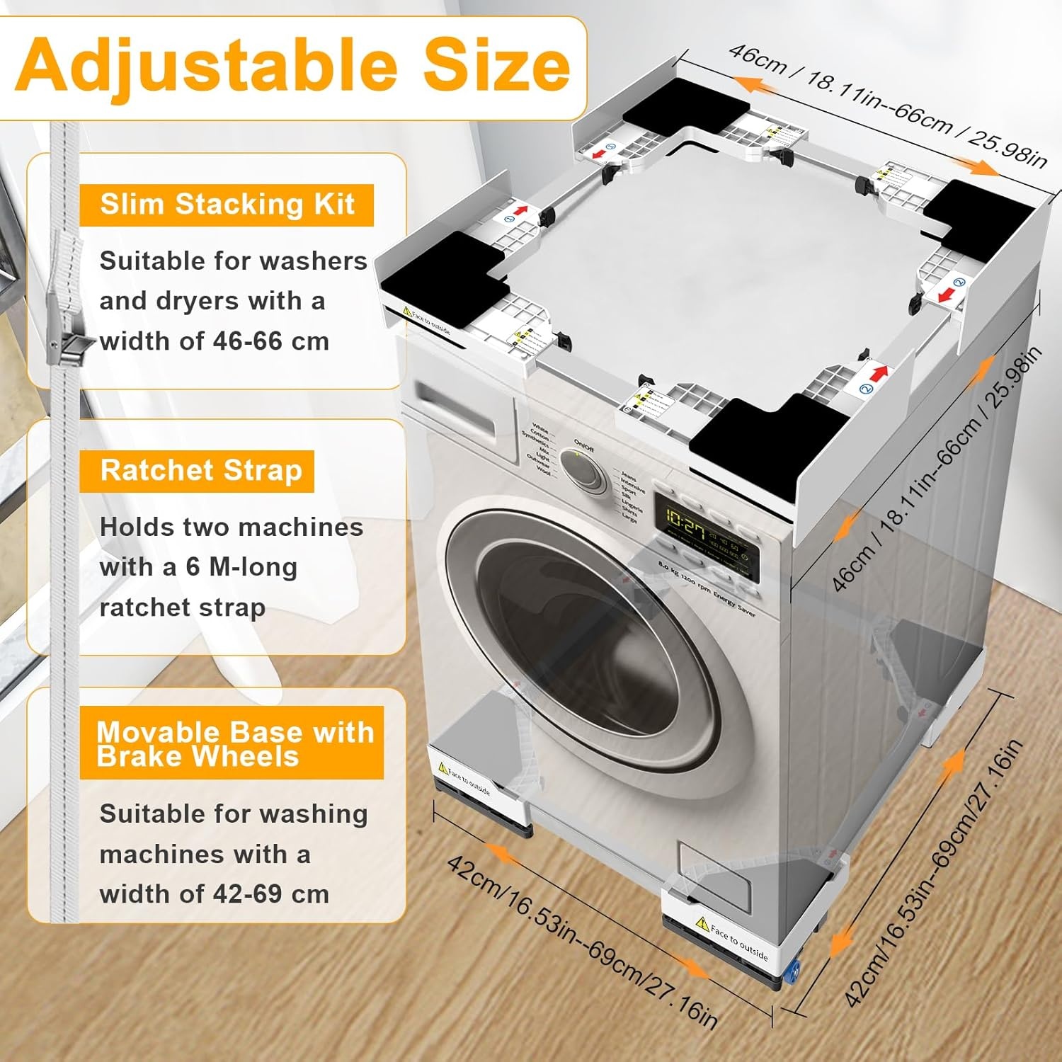 NIUXX Universeel aansluitframe voor wasdroger en wasmachine, transportwielen, verstelbare remmen en ratelkabel (dunne stapelset en mobiele sokkel)