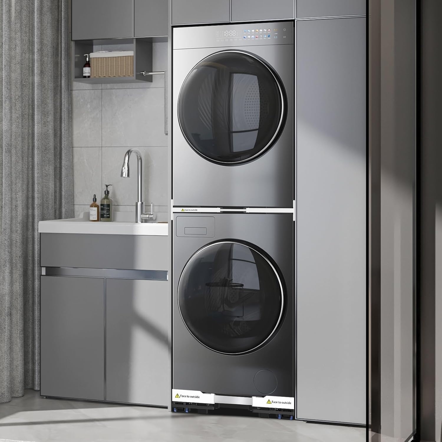 NIUXX Universeel aansluitframe voor wasdroger en wasmachine, transportwielen, verstelbare remmen en ratelkabel (dunne stapelset en mobiele sokkel)
