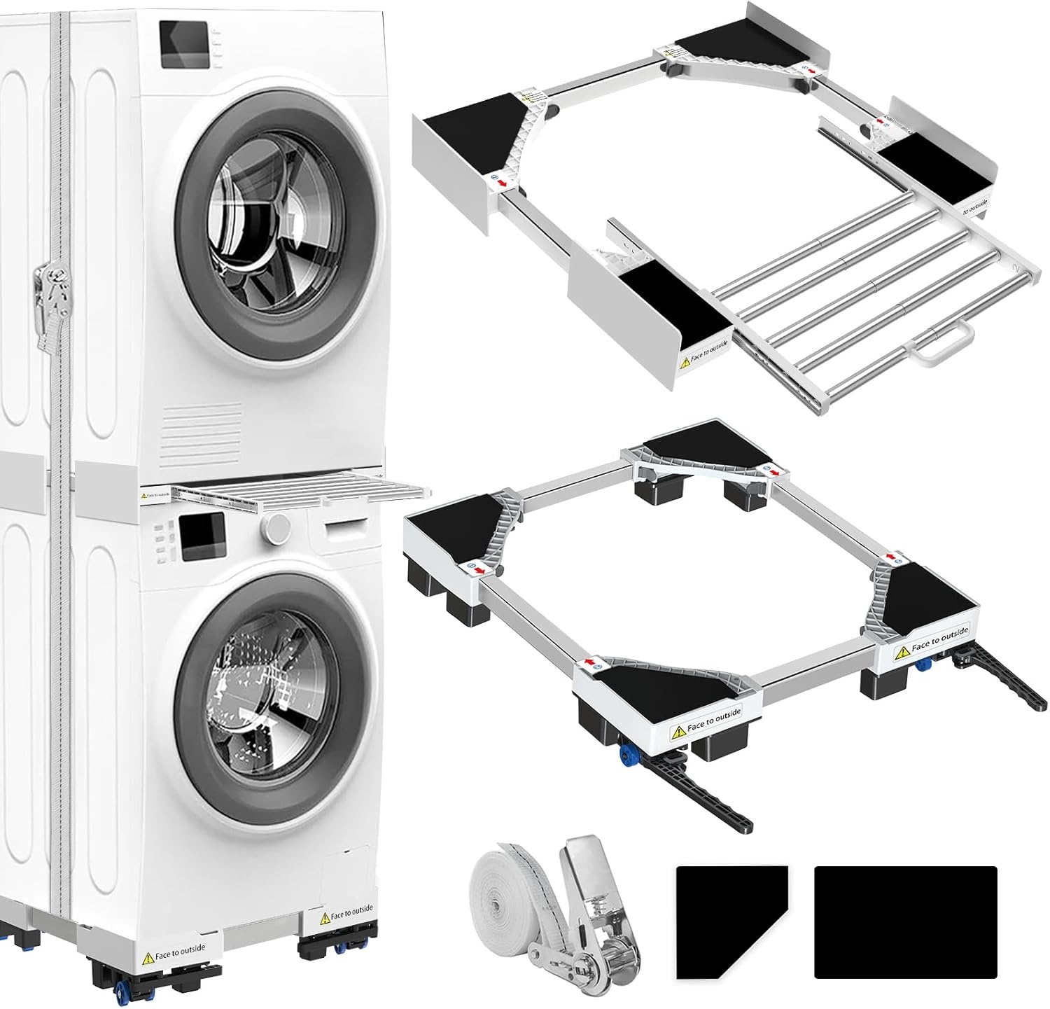 NIUXX Universeel aansluitframe voor wasdroger en wasmachine, transportwielen, verstelbare remmen en ratelkabel (dunne stapelset en mobiele sokkel)