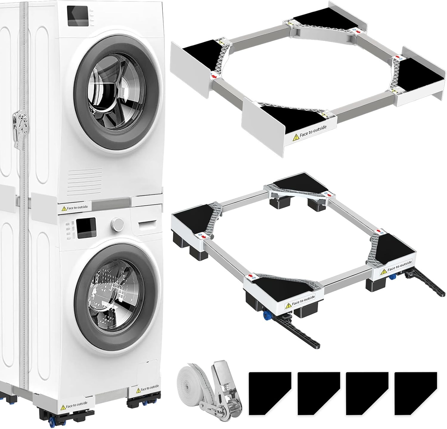 NIUXX Universeel aansluitframe voor wasdroger en wasmachine, transportwielen, verstelbare remmen en ratelkabel (dunne stapelset en mobiele sokkel)