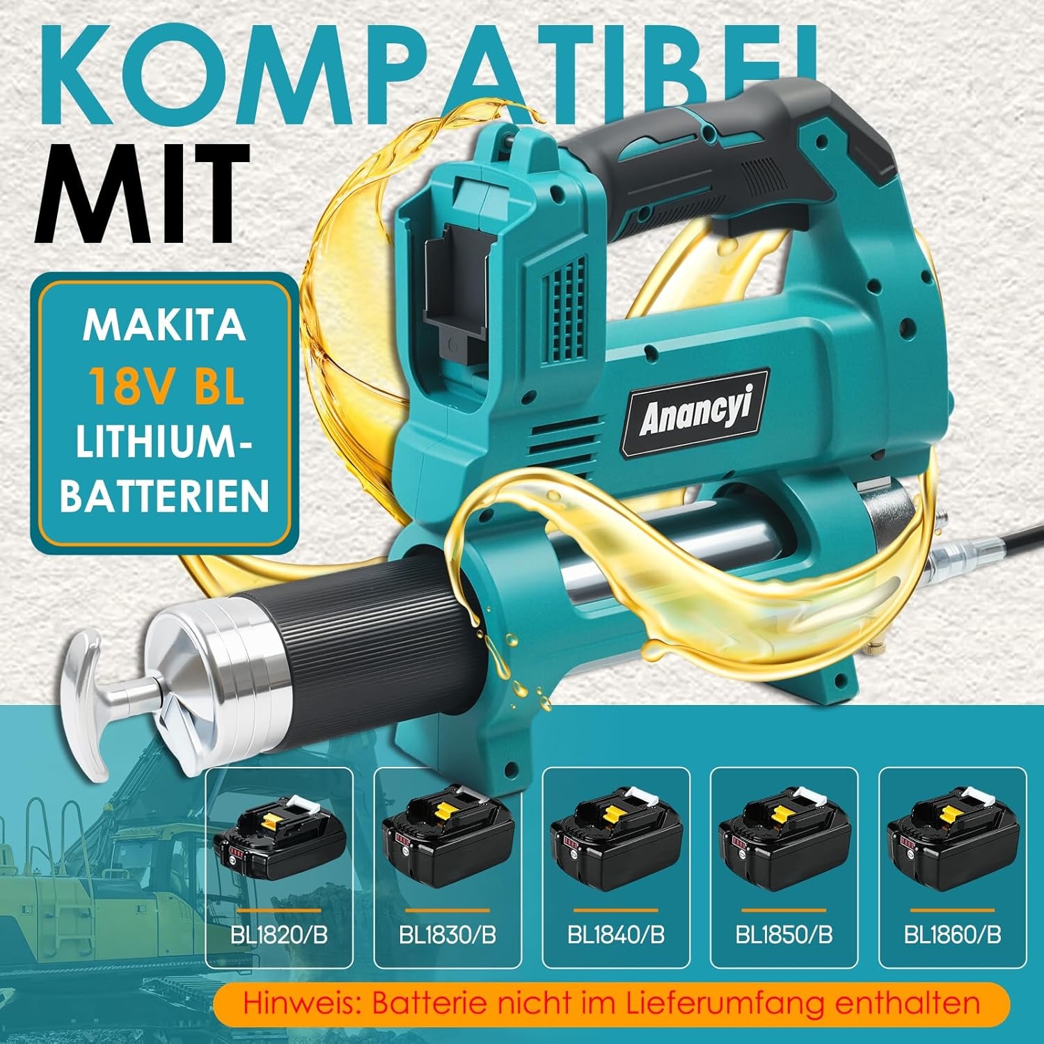 Anancyi Accu-vetpers voor Mak-ita 18 V accu, 12000 psi-druk, elektrische vetpers met 30 cm 90 cm hogedrukslang, perfect voor vrachtwagens, boerderijen, bouw en doe-het-zelf (zonder accu)