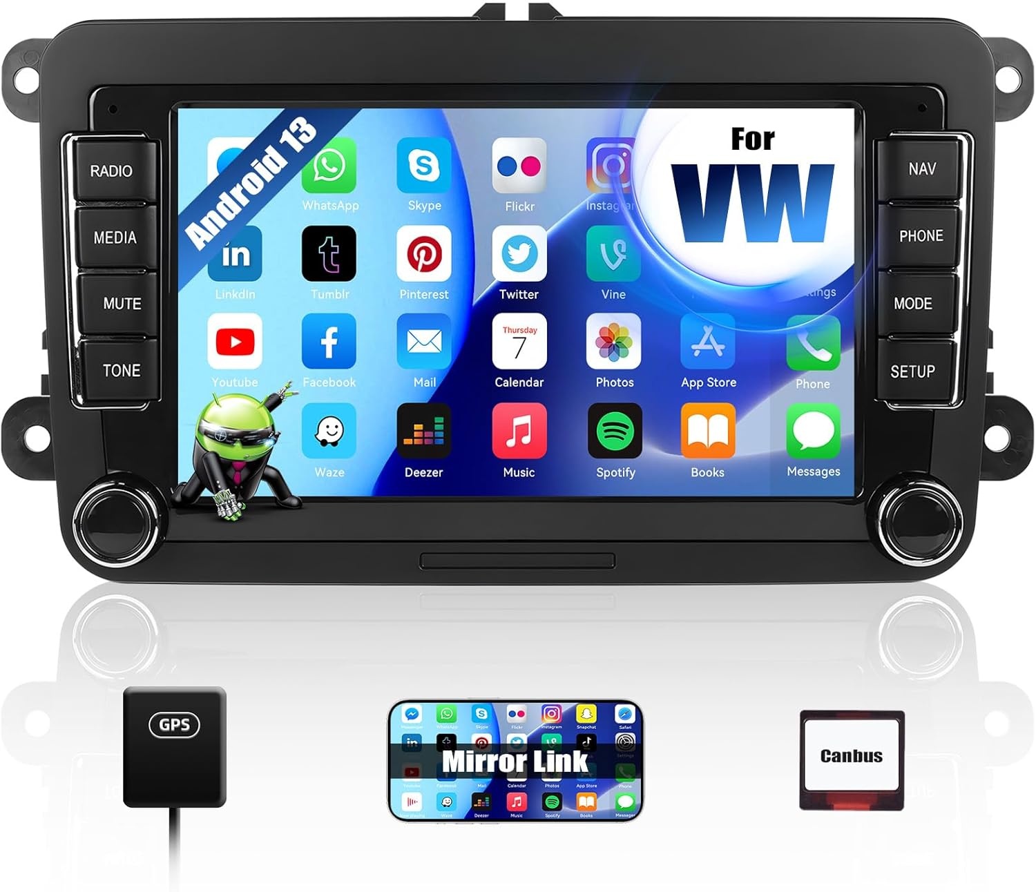 CAMECHO Android 13 autoradio voor VW Golf 5 Polo Skoda met Navi Bluetooth, 7 inch dubbel din autoradio touch display met Mirror Link FM/RDS WiFi SWC en USB
