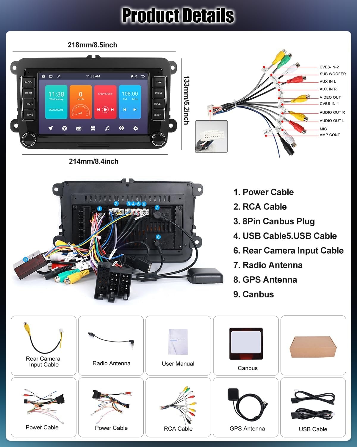 CAMECHO Android 13 autoradio voor VW Golf 5 Polo Skoda met Navi Bluetooth, 7 inch dubbel din autoradio touch display met Mirror Link FM/RDS WiFi SWC en USB