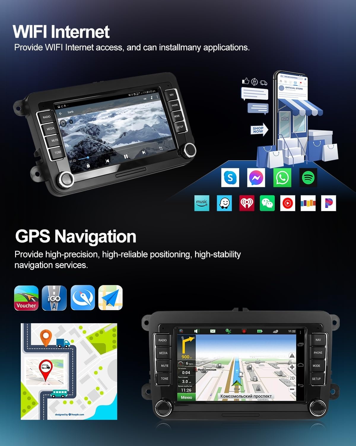 CAMECHO Android 13 autoradio voor VW Golf 5 Polo Skoda met Navi Bluetooth, 7 inch dubbel din autoradio touch display met Mirror Link FM/RDS WiFi SWC en USB