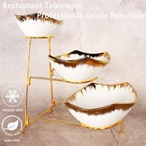 Serveerplateau met 3 keramische schalen, goudkleurig, 18/21/26 cm