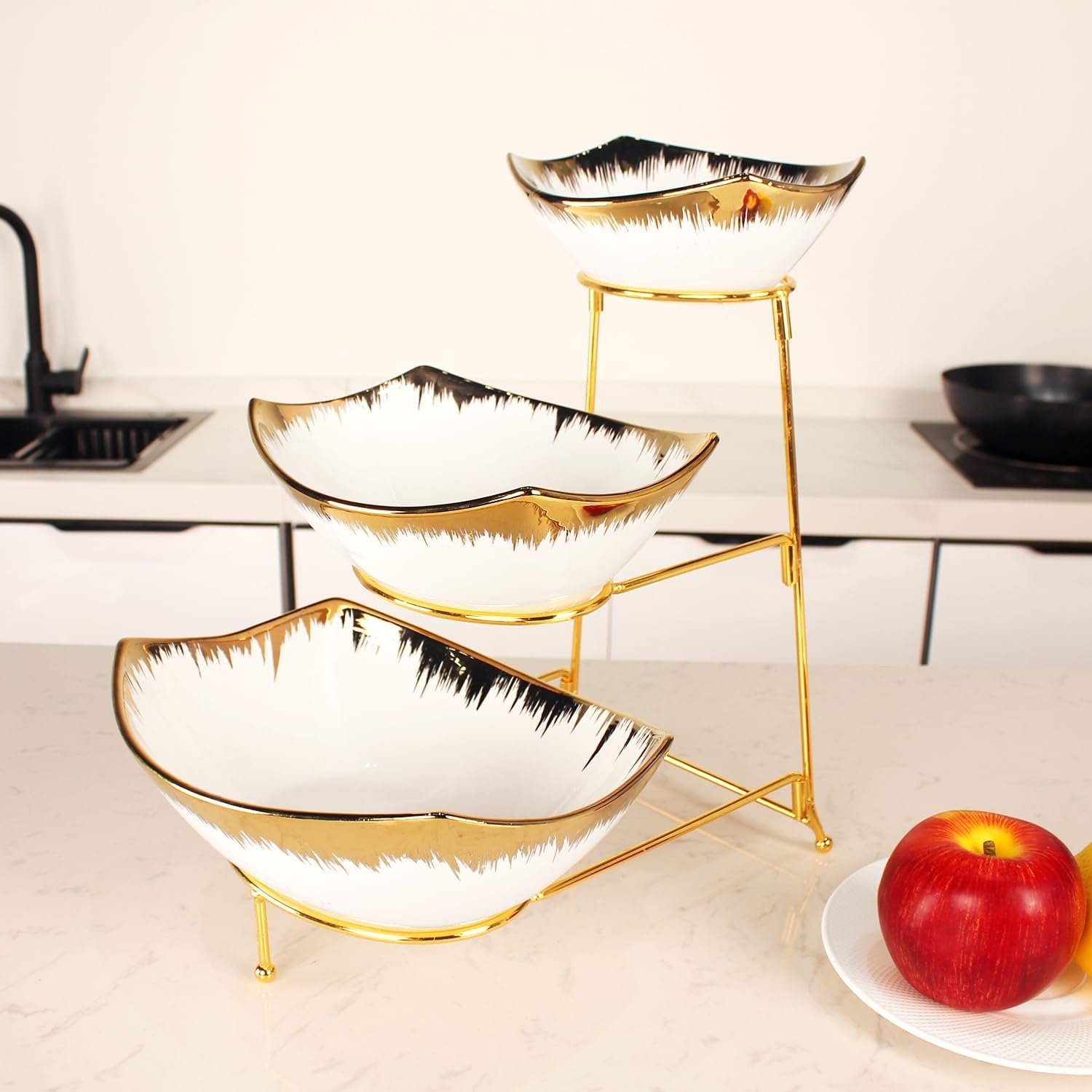 Serveerplateau met 3 keramische schalen, goudkleurig, 18/21/26 cm