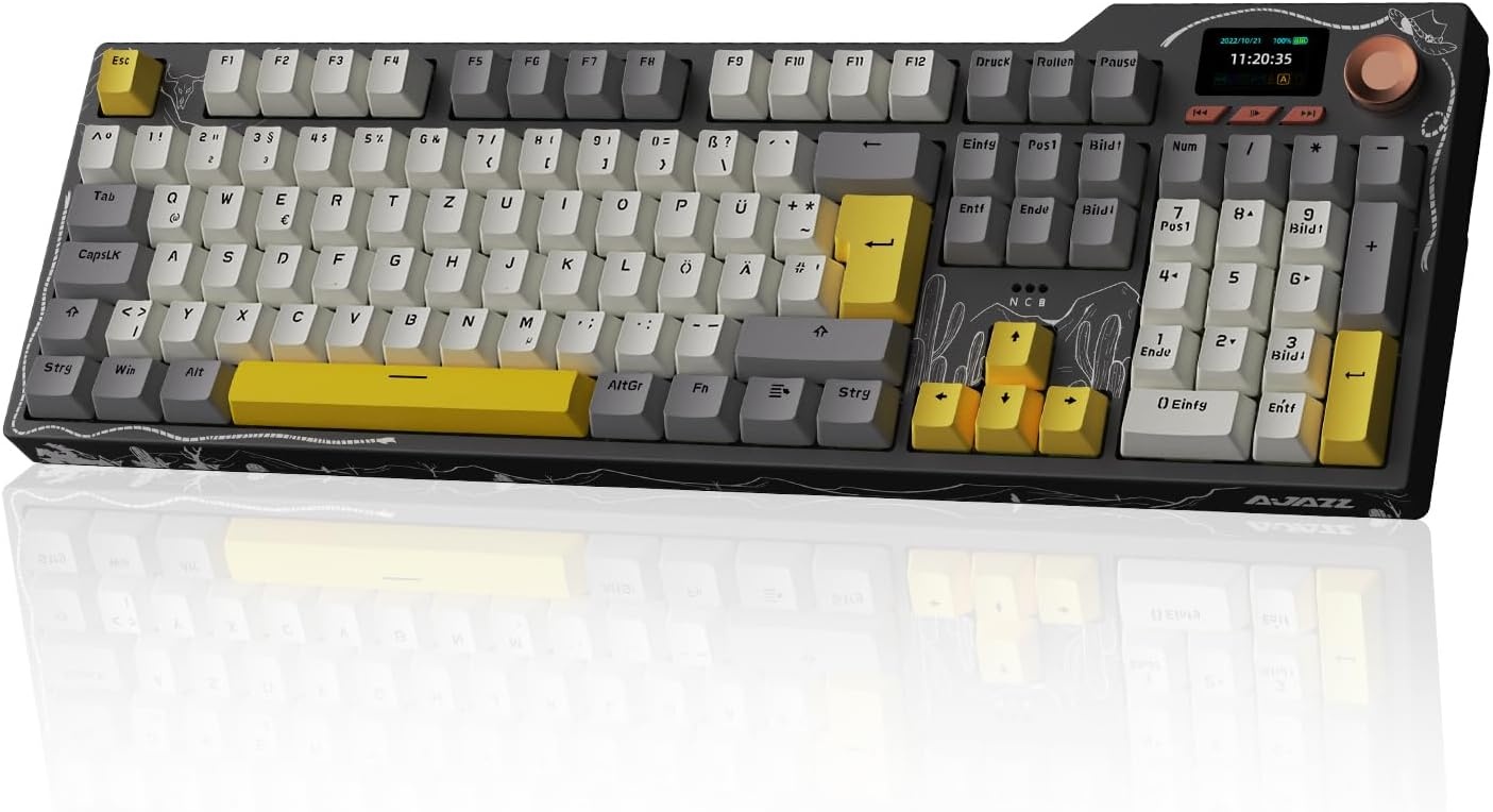 AJAZZ AK35I V3 Wired Mechanical Gaming Keyboard, 104 Toetsen met Multimedia Toetsen en Knoppen|5 Layer Pad|OEM Specification (Zwart Grijs, Met Scherm)
